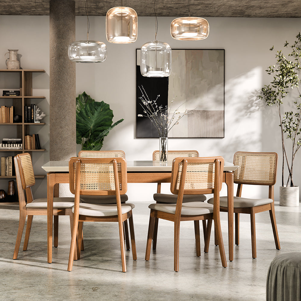 COMEDOR 6 SILLAS MADERA RATTAN LINO BEIGE