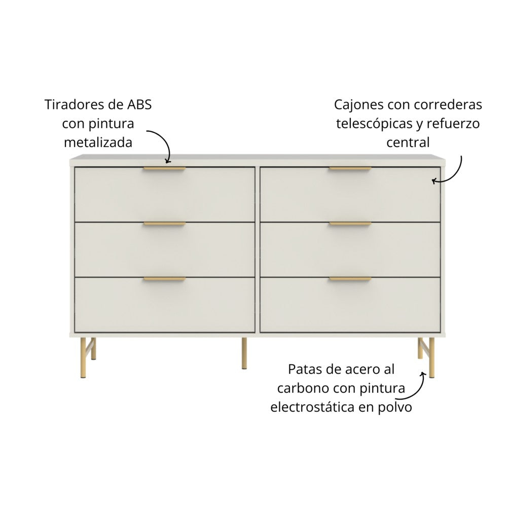CÓMODA 6 CAJONES 1.35 YVES OFF WHITE DORADO