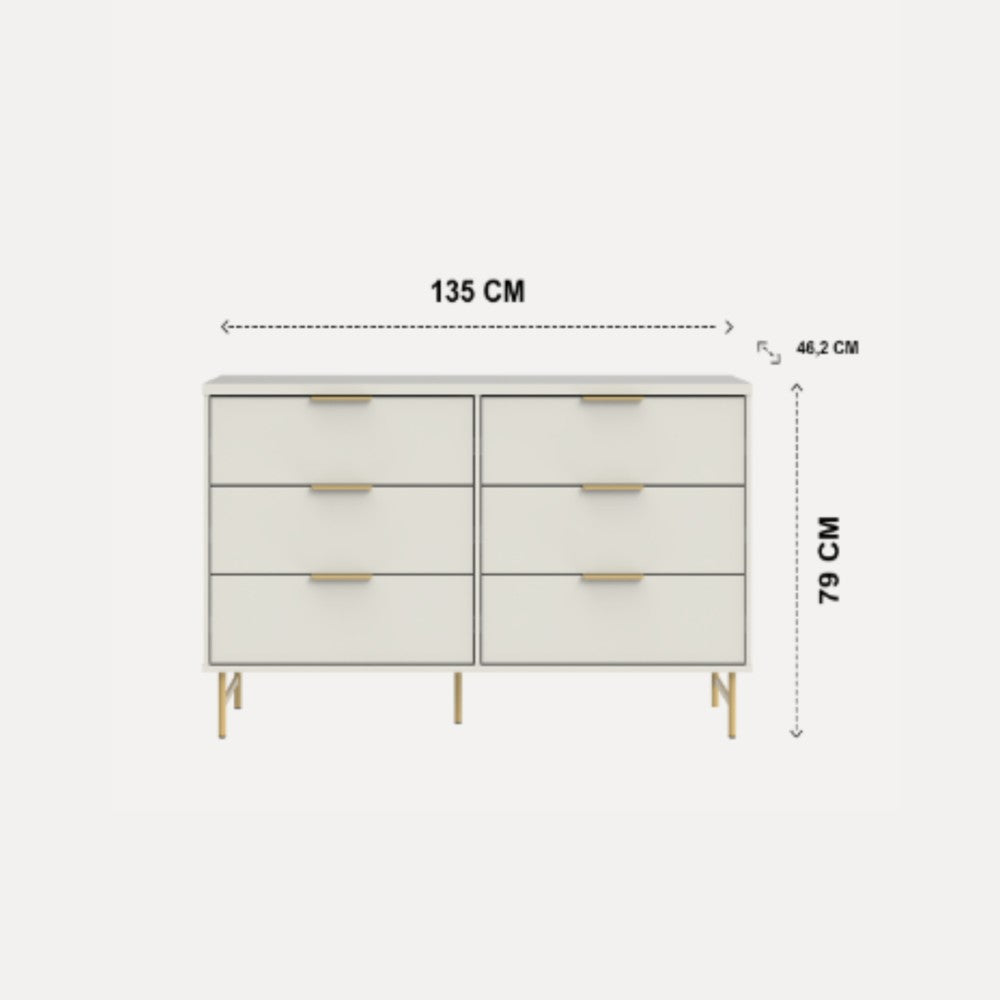 CÓMODA 6 CAJONES 1.35 YVES OFF WHITE DORADO