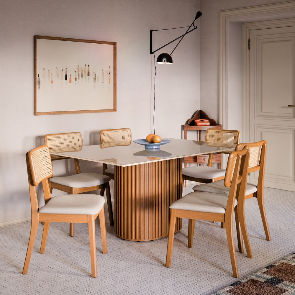 MESA DE COMEDOR LIVING 1.6 CON VIDRIO CANELA & OFF WHITE