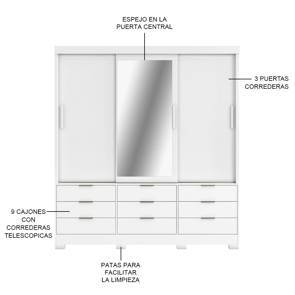 ROPERO 3P 9C ESPEJO FLEX SICILIA BLANCO