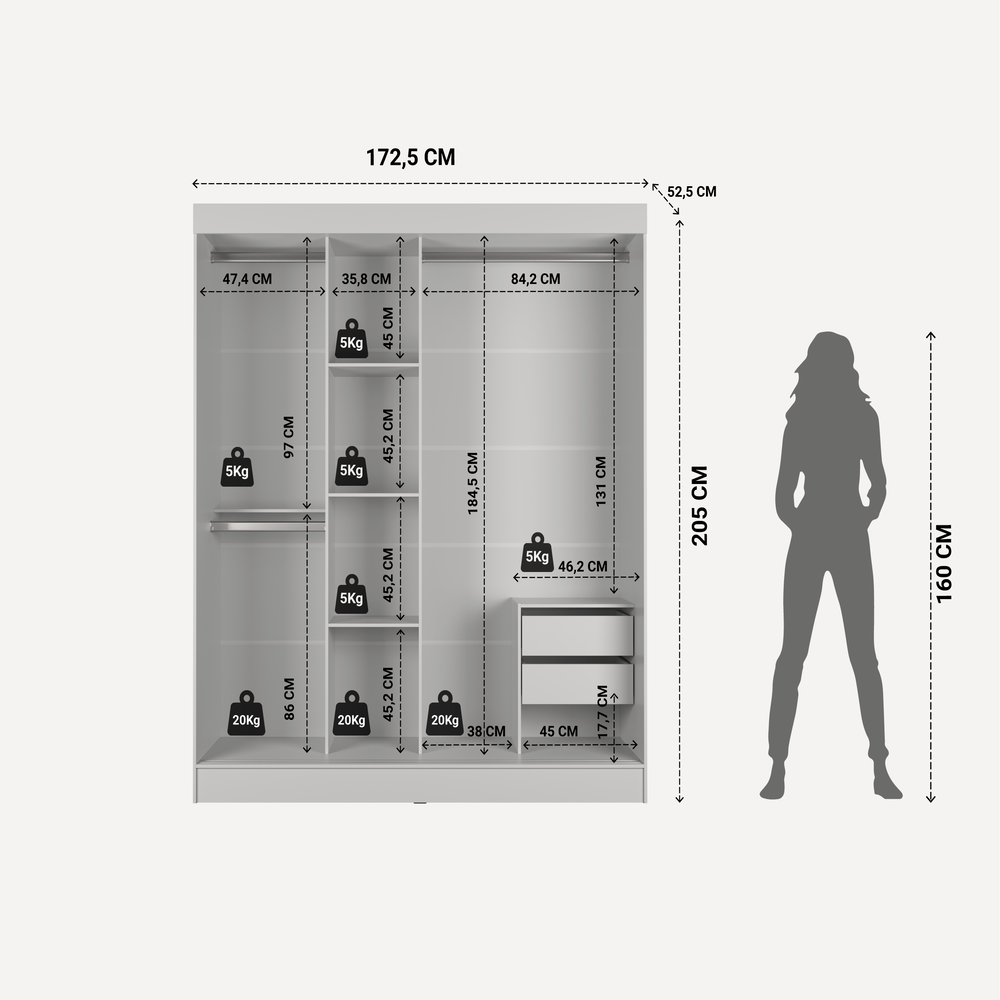ROPERO 3 PUERTAS CORREDIZAS 2 CAJONES SANTORINI BLANCO