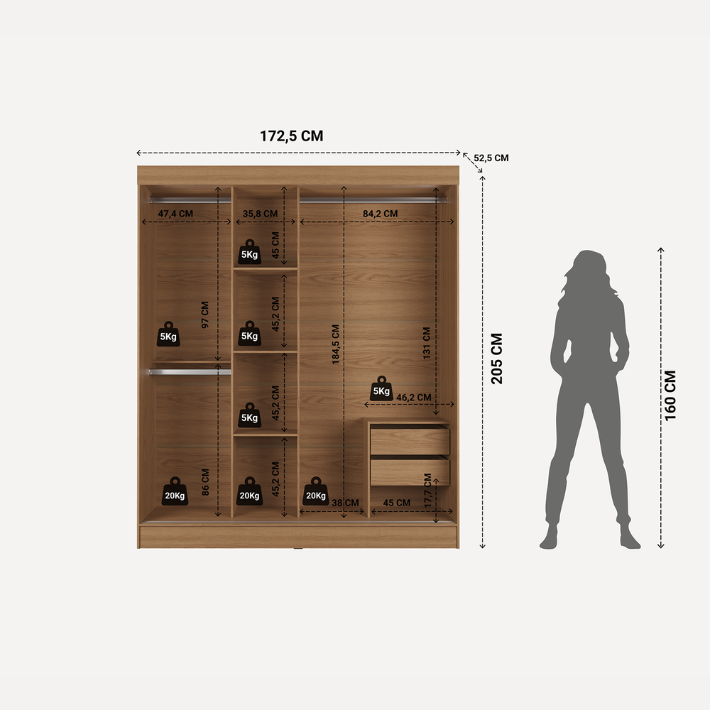ROPERO 3 PUERTAS CORREDIZAS 2 CAJONES SANTORINI ROUBLE
